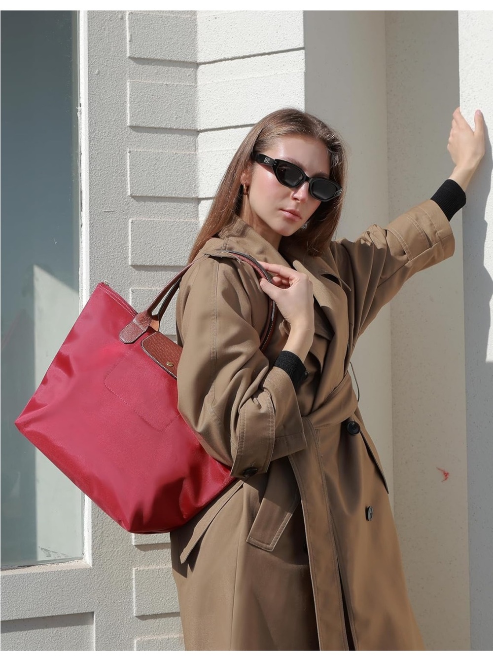 Red Nylon Tote Bag with Brown Trim - Women